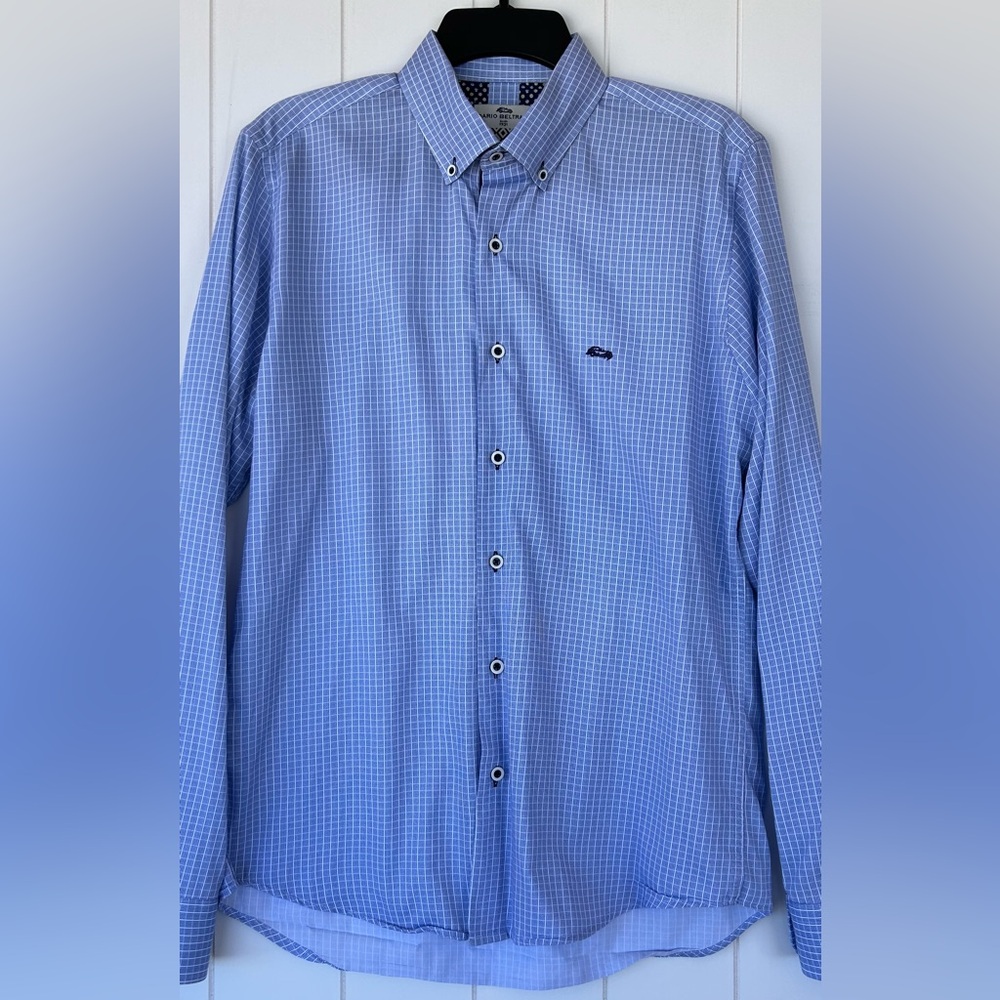 Dario Beltran Men’s Dressy Button Down Shirt Blue Check Size 30/15‎ 3/4